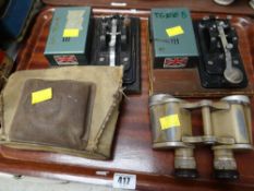 Two vintage Morse Code machines, military binoculars etc