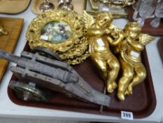 Two gilt wall hanging cherubs together with gilt & ceramic wall plaques