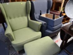 Pair of modern matching upholstered wingback armchairs & foot stools together with a wicker effect
