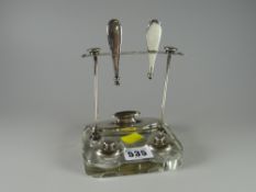 A hallmarked silver & glass based dressing table manicure set