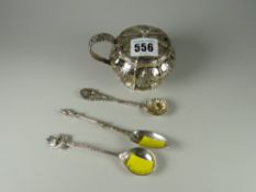 A good embossed silver mustard pot & spoon together with two other decorative silver spoons