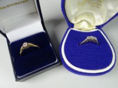 A 14ct gold ring set with three small diamonds, together with a gold solitaire diamond ring