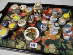 A tray of novelty pill boxes including some sterling silver examples together with Royal