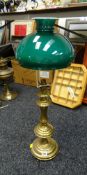 A brass table lamp with shade