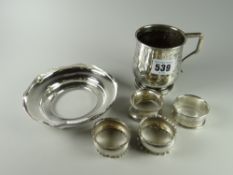 A small silver tankard together with napkin rings & a silver stand etc