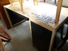 A large modern office desk with metal cupboard & drawer