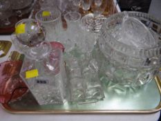 A tray of various mainly cut glass including decanter, drinking glasses, large fruit bowl etc