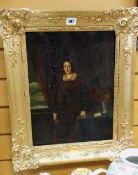 An oil on canvas of a lady standing next to a table with flowers in a gilt wooden frame