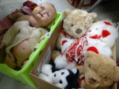 A doll together with a collection of cuddly toys