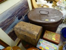 Metal hat box and other vintage tins