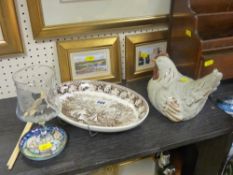 Ornamental hen, wall hanging Wedgwood plate etc