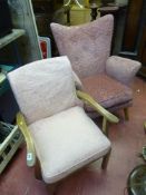Pink upholstered small wingback easy chair and a small cream wooden framed chair