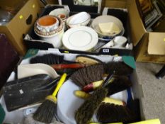 Box of kitchen glassware and a box of planters and mixed porcelain