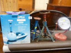 Peller 6000 pump/fluid extractor along with pair of non-matching axle stands and small inspection