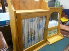 Pine hanging cupboard and a similar tiled back hall mirror with shelf