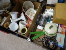 Box of pottery vases, vintage enamel pan set and a quantity of small electricals