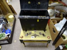 Excellent copper and brass footman and an old tin box