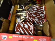 Box of mixed kitchen cutlery and flatware