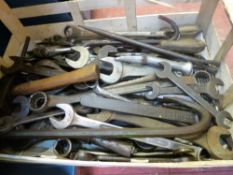 Wooden crate with good heavy spanners, wrenches etc