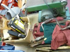 Box and basket of old carpenter's tools and similar items and a galvanized watering can
