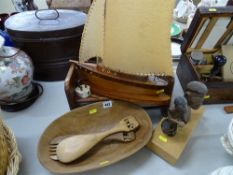 Parcel of treen including yacht, carved native figures etc
