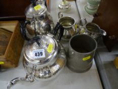 Parcel of beaten electroplate tea service and a pewter tankard