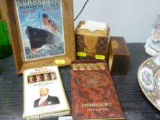 Parcel of vintage cigars, playing cards and a framed vintage Cunard postcard