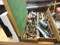 Painted butler's tray, folding card table and two wooden boxes with garage tools and accessories