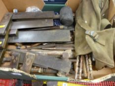 Box of old carpenter's set squares, other garage tools etc