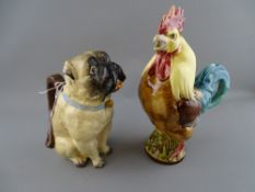 Continental Majolica style rooster jug and a Victorian pug dog jug with RD number