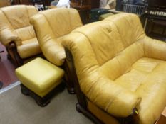 Leather effect and timber fine lounge suite comprising compact sofa, two chairs and a footstool