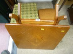 Two tapestry topped stools and a folding table