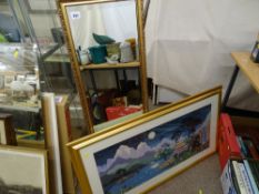 Gilt framed bevelled dressing mirror and an Oriental scene framed woolwork