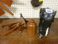 Parcel of treen including carved elephant