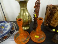 Waisted neck brass Oriental vase, pair of treen candlesticks and a carved soapstone figure