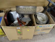 Two boxes of vintage kitchenware and other metalware