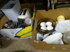 Box of mixed porcelain and glass and a box of kitchen accessories
