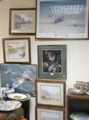 Linocut print of a garden bird on a branch by RON DUNN, dated 1977 and a quantity of other paintings