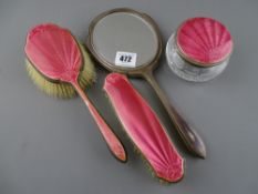 Four piece hallmarked silver and enamel dressing table set with hand mirror