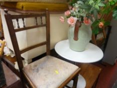 Polished wood bedroom chair with upholstered seat, white plastic occasional table and a modern