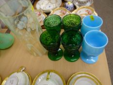 Vaseline chimney shaped shade with four green and two blue pressed glass goblets