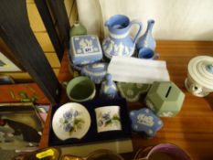 Quantity of blue and green Wedgwood Jasperware and boxed Worcester china