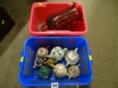 Tub of glassware and a basket of decorative porcelain teapots