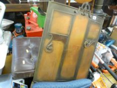 Copper? and metal curved firescreen and a vintage leather effect footstool