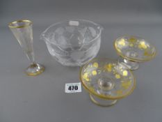 Vintage glass rinsing bowl, two gilt decorated sweetmeat dishes and a wheel cut and gilt decorated