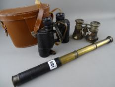Set of Dolland, London Owlac 9x35 binoculars in carry case, a small three draw telescope and a