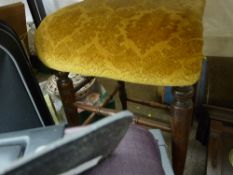 Vintage upholstered topped stool, two items of luggage and a locking document case with keys
