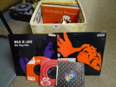 Box of LP and single records, mixed genres
