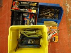 Blue metal cantilever toolbox and contents, a black plastic toolbox and contents and a tub