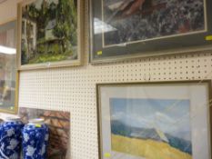 Four competent mixed media paintings, various indistinct signatures